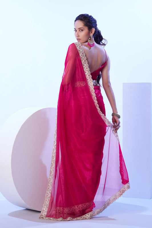 Pink Party Wear Net Saree with Lace Work