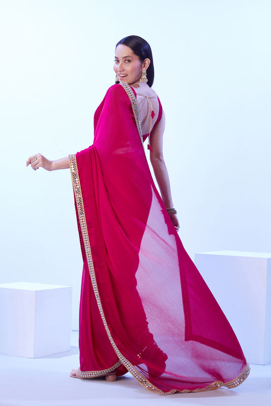 Pink Satin Lace Work Party Wear Saree