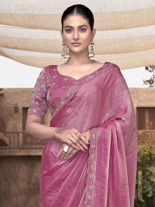 Satin Embroidered Pink Silk Saree with Blouse