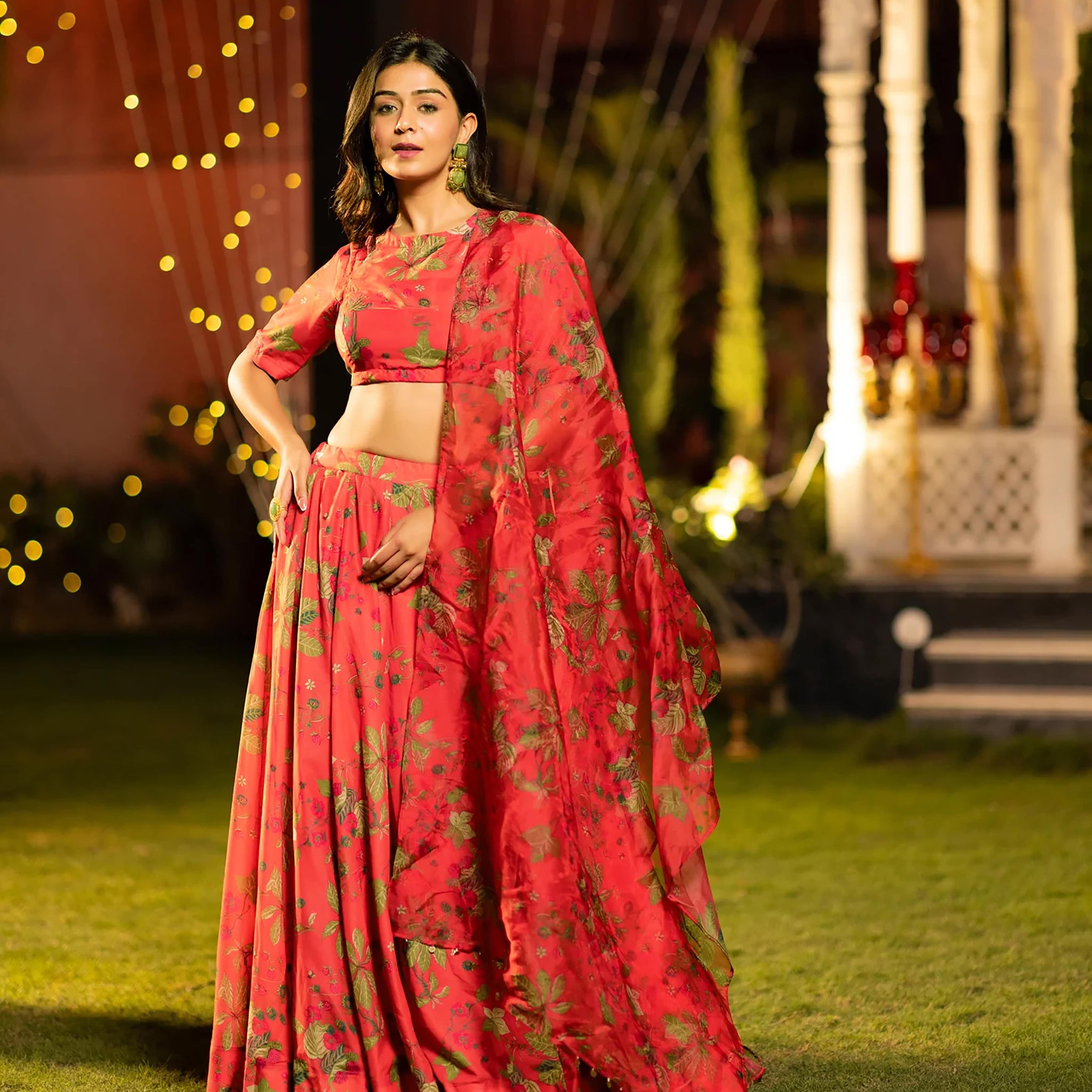 Red Chinon Digital Printed Floral Lehenga Choli
