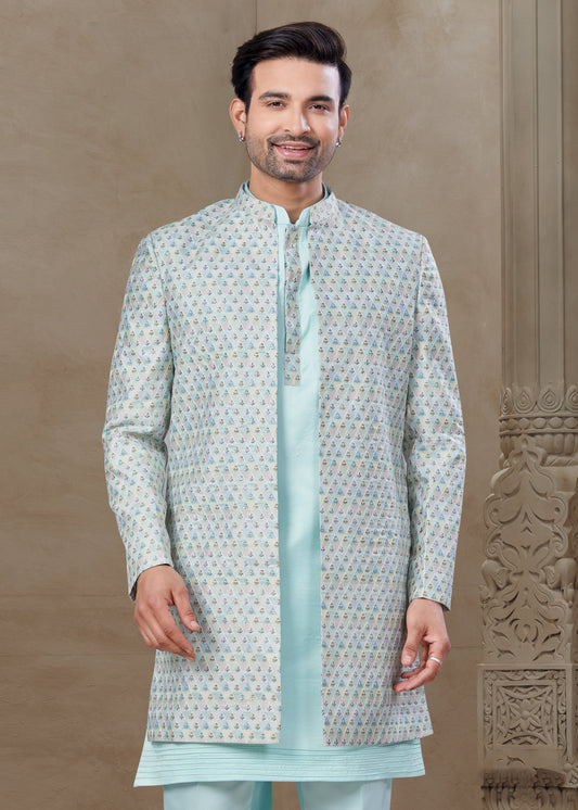 Sea Green Silk Embroidered Kurta Pajama with Long Jacket