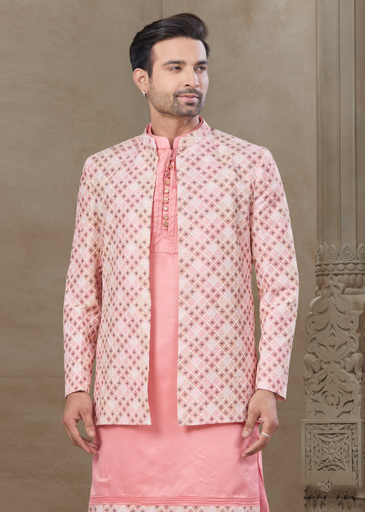 Pink Silk Embroidered Kurta Pajama with Long Jacket