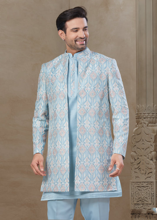 Sky Blue Silk Embroidered Kurta Pajama with Long Jacket