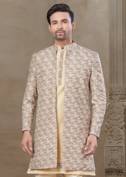 Cream Silk Embroidered Kurta Pajama with Long Jacket