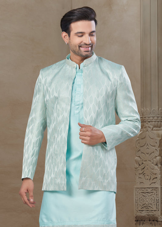 Silk Embroidered Kurta Pajama with Long Jacket in Sky Blue
