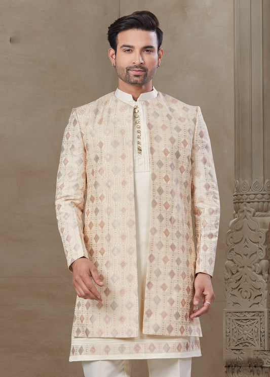 Silk Embroidered Kurta Pajama with Long Jacket in Cream