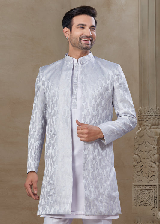 Light Grey Silk Embroidered Kurta Pajama with Long Jacket