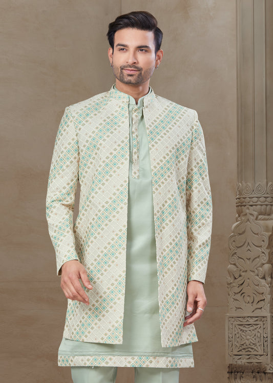 Pista Green Silk Embroidered Kurta Pajama with Long Jacket
