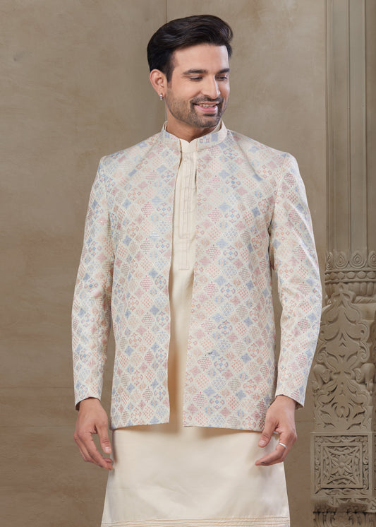 Silk Embroidered Cream Kurta Pajama with Long Jacket