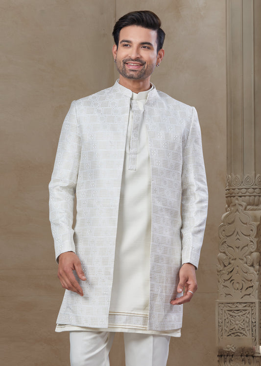 White Silk Embroidered Kurta Pajama with Long Jacket