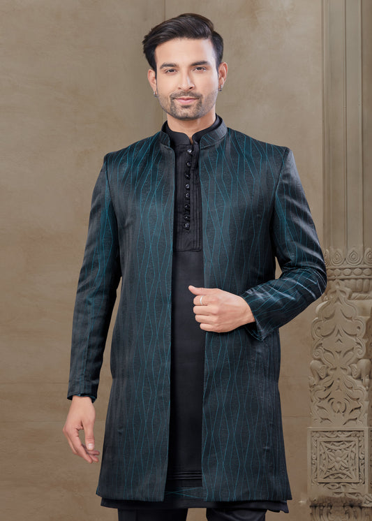 Black Silk Embroidered Kurta Pajama with Long Jacket