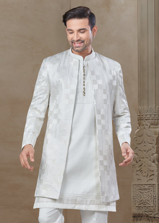 Silk Embroidered Kurta Pajama with Long Jacket in White