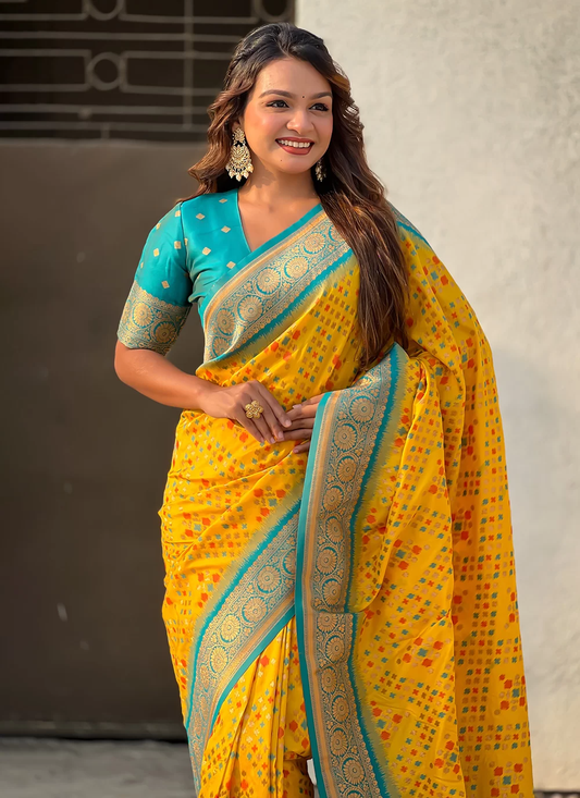 Yellow Meenakari Traditional Saree in Patola Silk