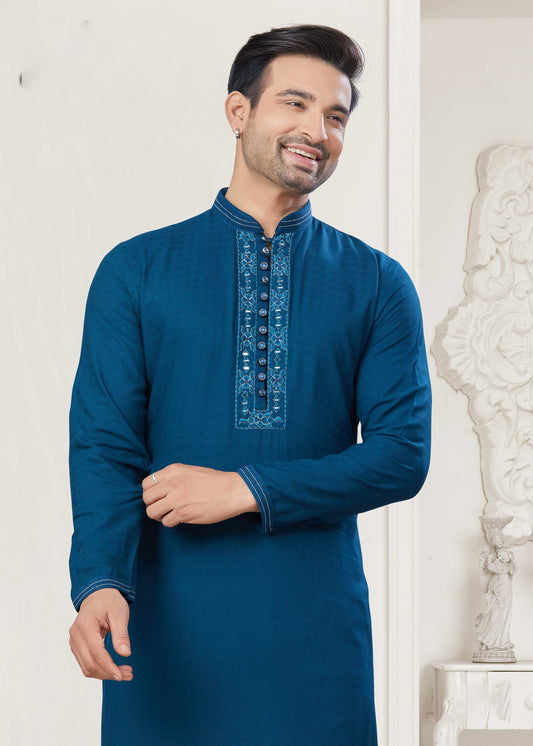 Blue Pintex Embroidered Cotton Kurta Pajama for Men