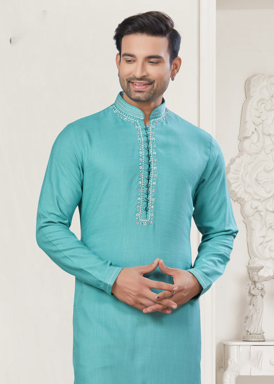 Sea Green Pintex Embroidered Cotton Kurta Pajama for Men