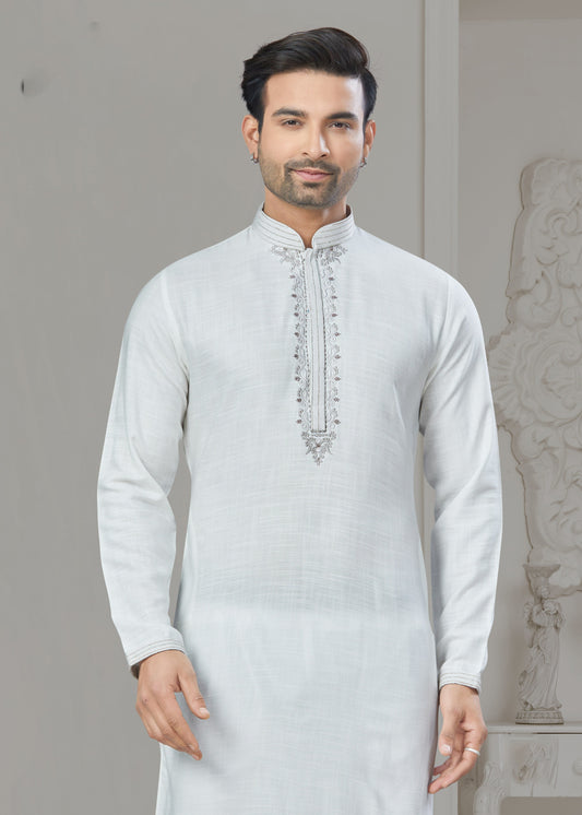 White Pintex Embroidered Cotton Kurta Pajama for Men