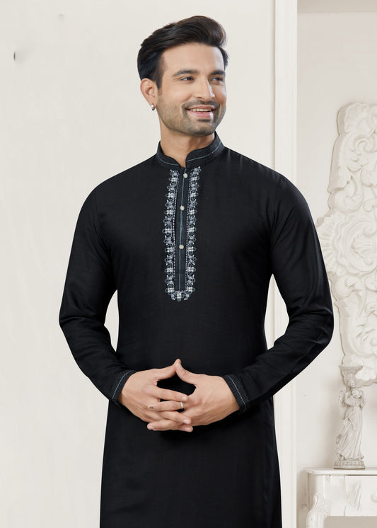 Black Pintex Embroidered Cotton Kurta Pajama for Men