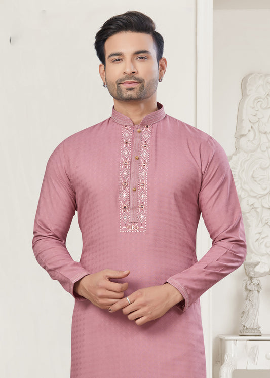 Pink Pintex Embroidered Cotton Kurta Pajama for Men