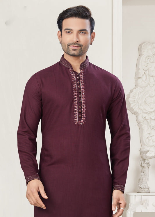 Maroon Pintex Embroidered Cotton Kurta Pajama for Men