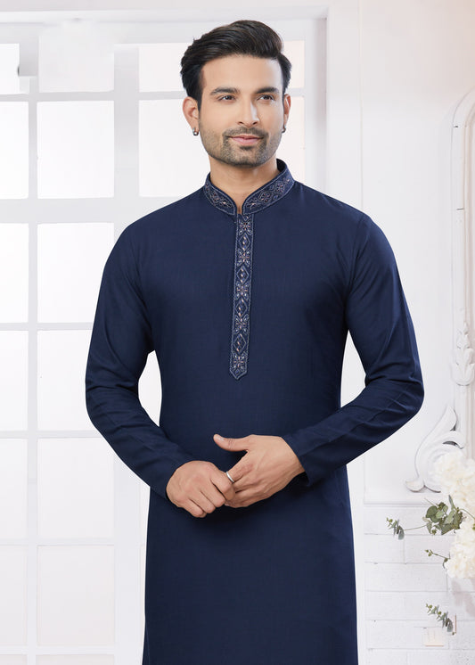 Cotton Embroidered Kurta Pajama in Navy Blue