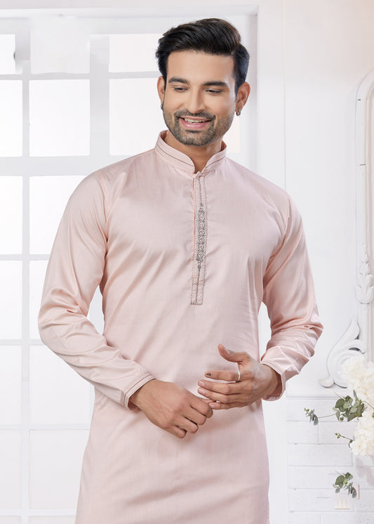 Cotton Embroidered Kurta Pajama in Pink