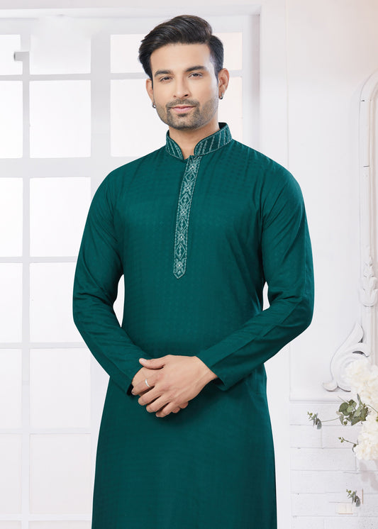 Cotton Embroidered Kurta Pajama in Dark Green