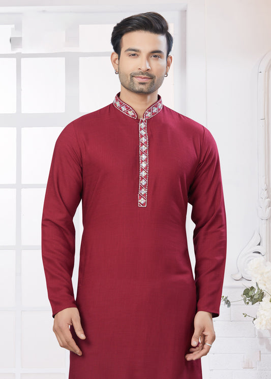 Cotton Embroidered Kurta Pajama in Maroon