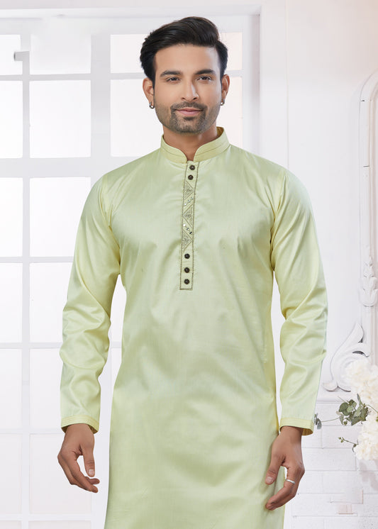 Cotton Embroidered Kurta Pajama in Pista Green