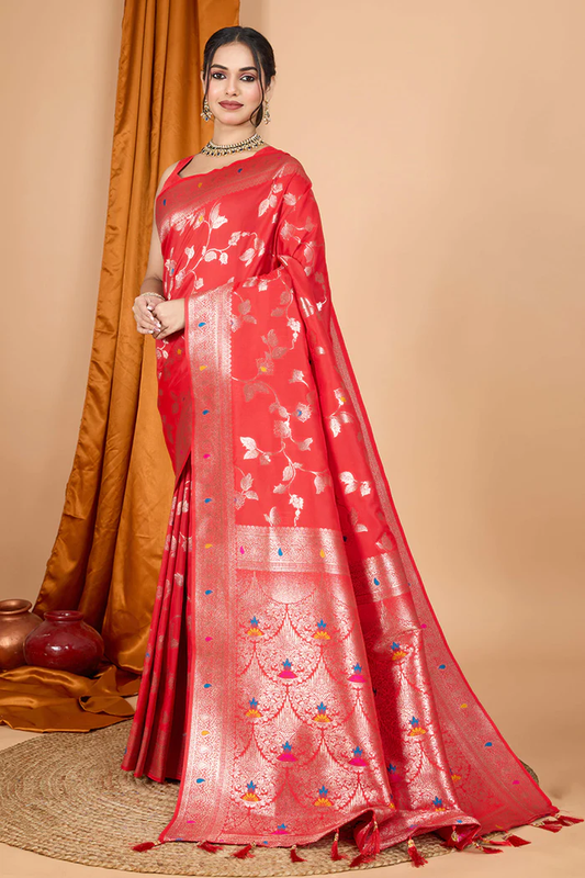 Red Banarasi Silk Traditional Saree with Zari Work