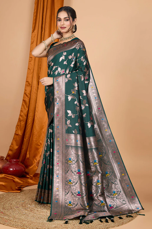 Dark Green Banarasi Silk Traditional Saree with Zari Work