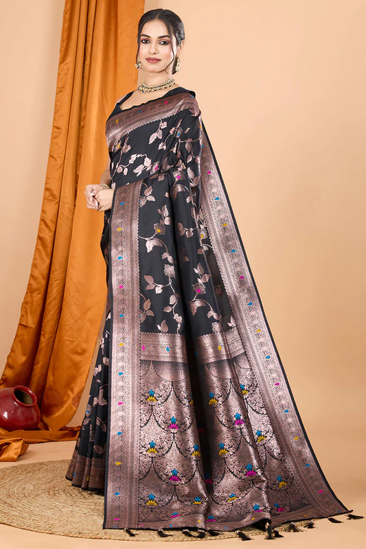 Black Banarasi Silk Traditional Saree with Zari Work