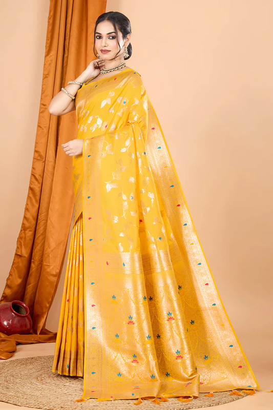 Yellow Banarasi Silk Traditional Saree with Zari Work