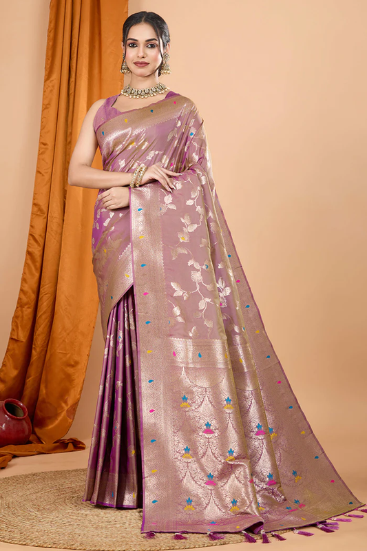 Lavender Banarasi Silk Traditional Saree with Zari Work