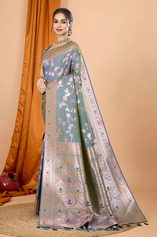 Grey Banarasi Silk Traditional Saree with Zari Work