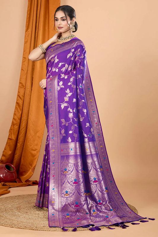Purple Banarasi Silk Traditional Saree with Zari Work