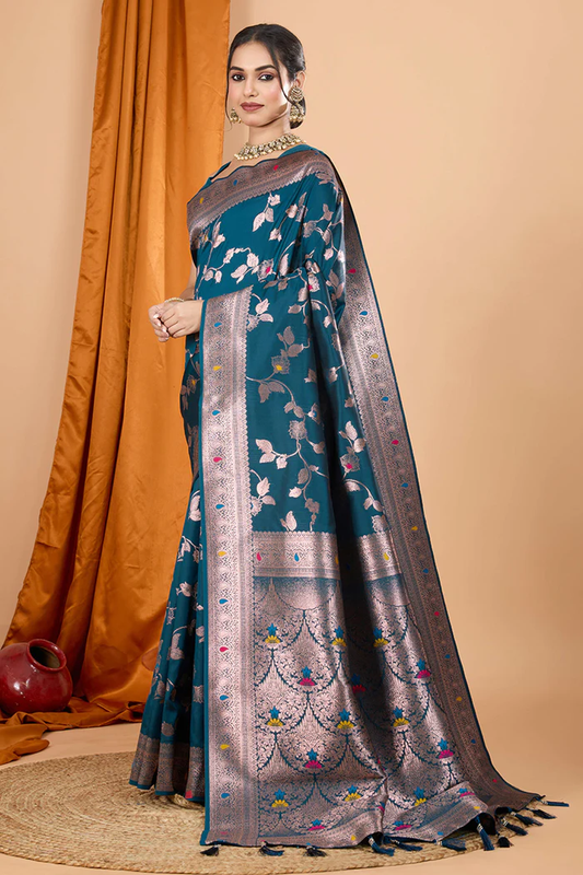 Teal Blue Banarasi Silk Traditional Saree with Zari Work