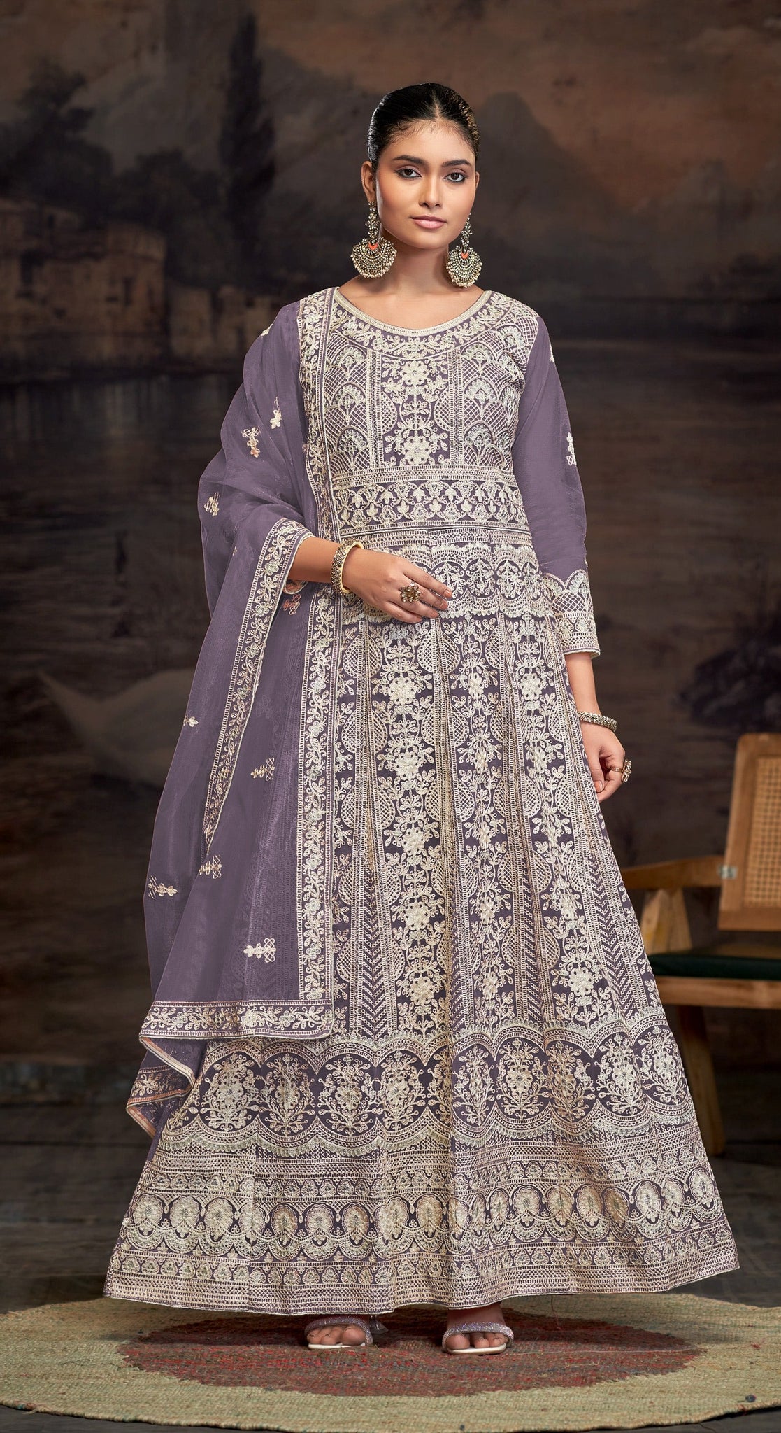 Lavender Net Embroidered Long Anarkali Suit