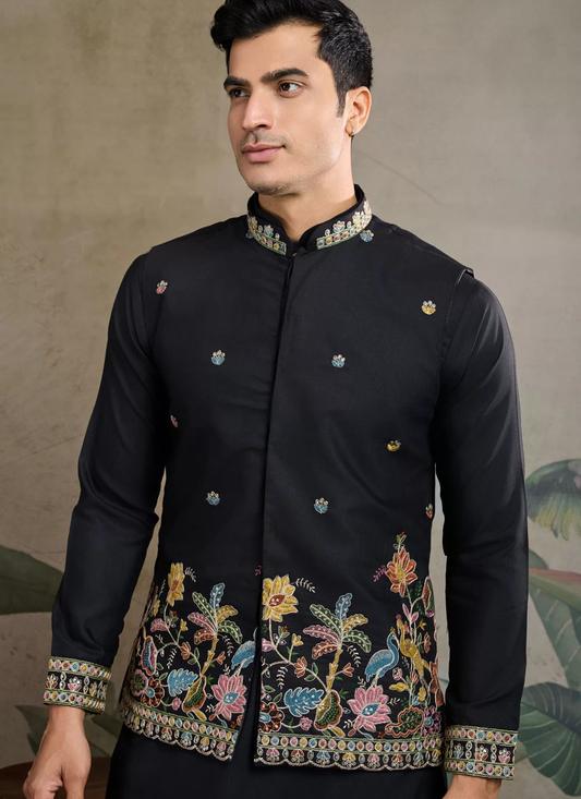 Cotton Sequins Embroidered Black Kurta Pajama with Jacket