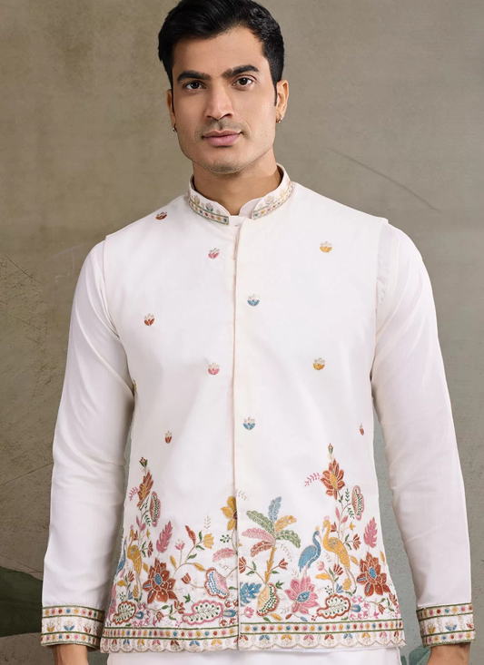 Cotton Sequins Embroidered White Kurta Pajama with Jacket