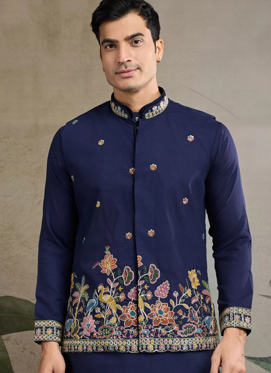 Cotton Sequins Embroidered Navy Blue Kurta Pajama with Jacket
