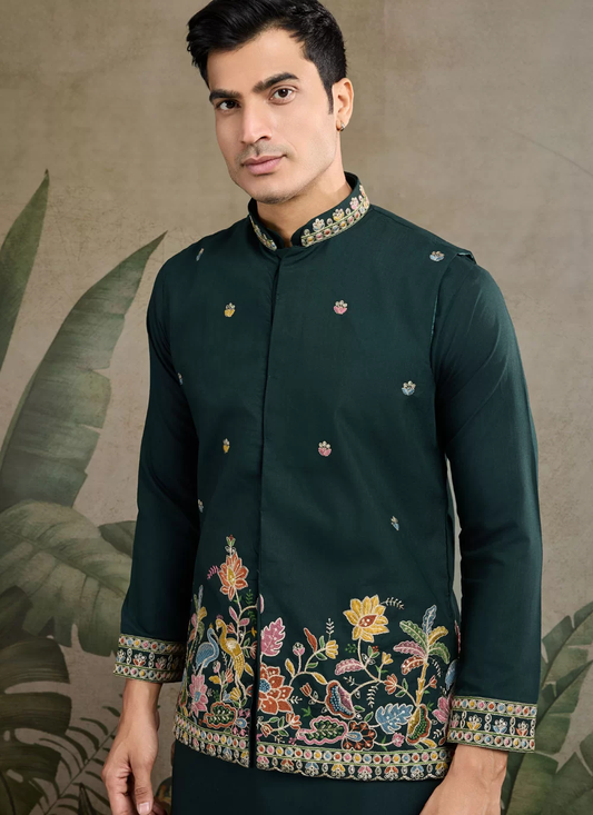 Cotton Sequins Embroidered Green Kurta Pajama with Jacket