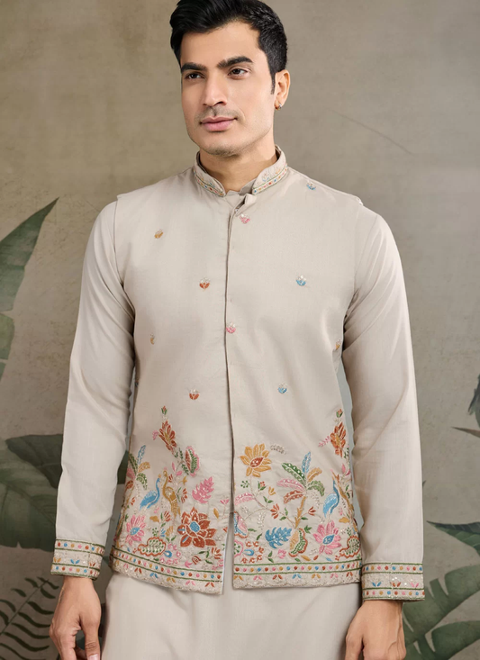 Cotton Sequins Embroidered Grey Kurta Pajama with Jacket
