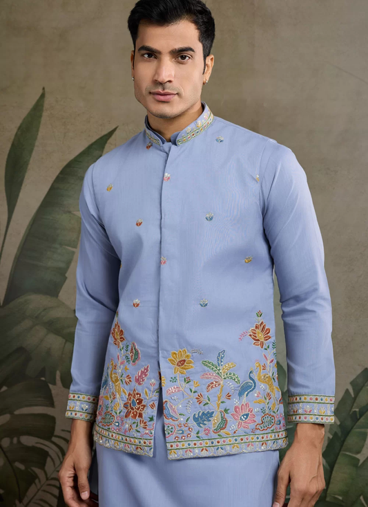Cotton Sequins Embroidered Sky Blue Kurta Pajama with Jacket