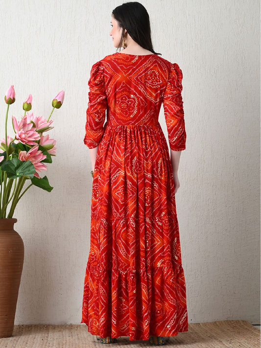 Rayon Printed Readymade Red Indo Western Kurti