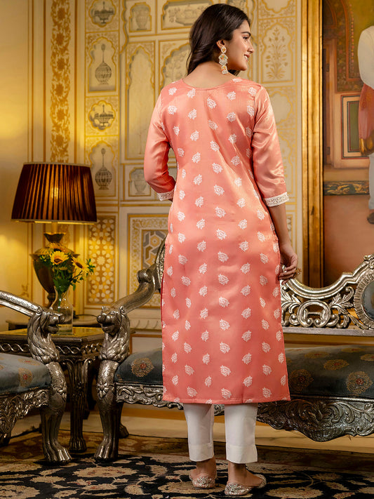 Light Orange Shimmer Silk Readymade Embroidered Indian Kurti
