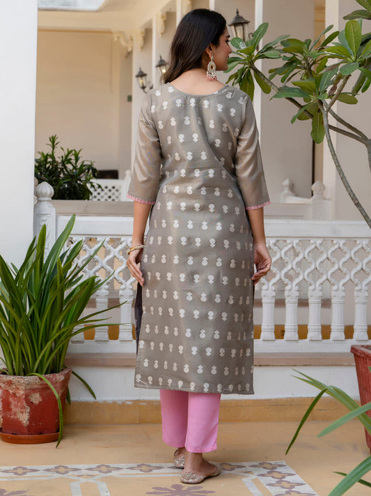 Grey Shimmer Silk Readymade Embroidered Indian Kurti