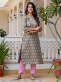 Grey Shimmer Silk Readymade Embroidered Indian Kurti