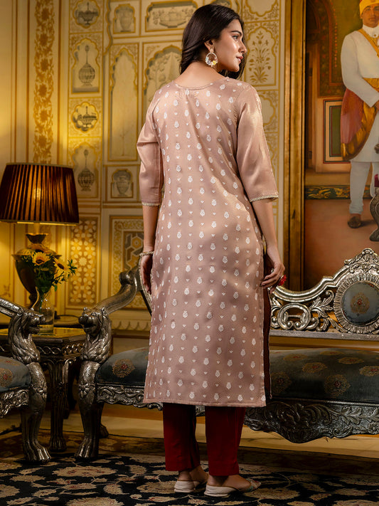 Peach Shimmer Silk Readymade Embroidered Indian Kurti