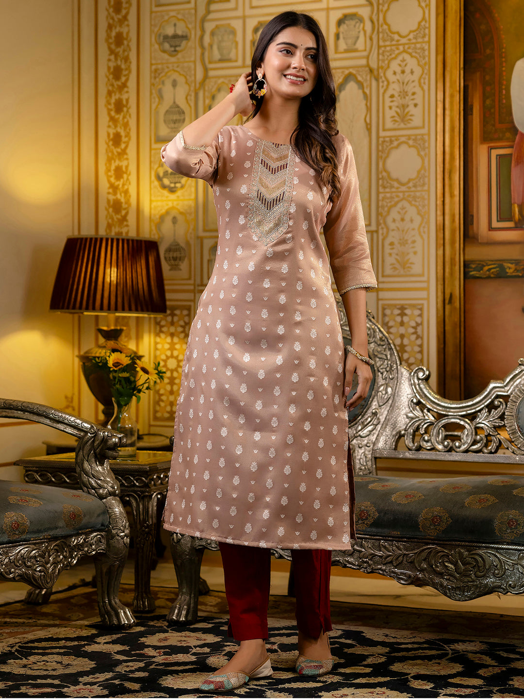 Peach Shimmer Silk Readymade Embroidered Indian Kurti