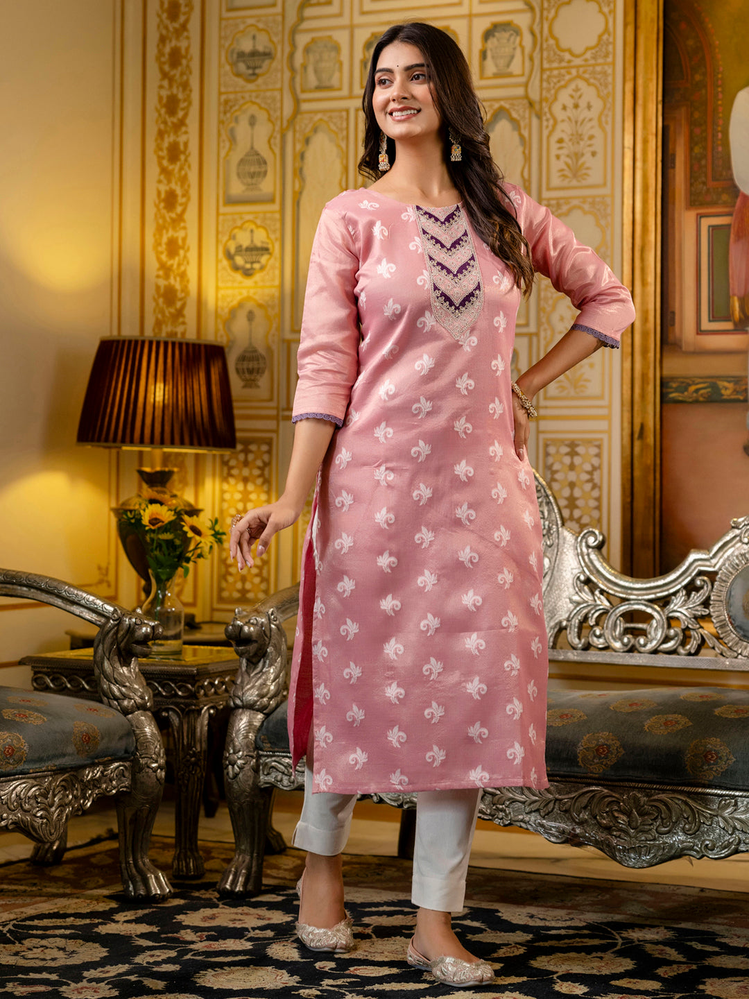 Pink Shimmer Silk Readymade Embroidered Indian Kurti